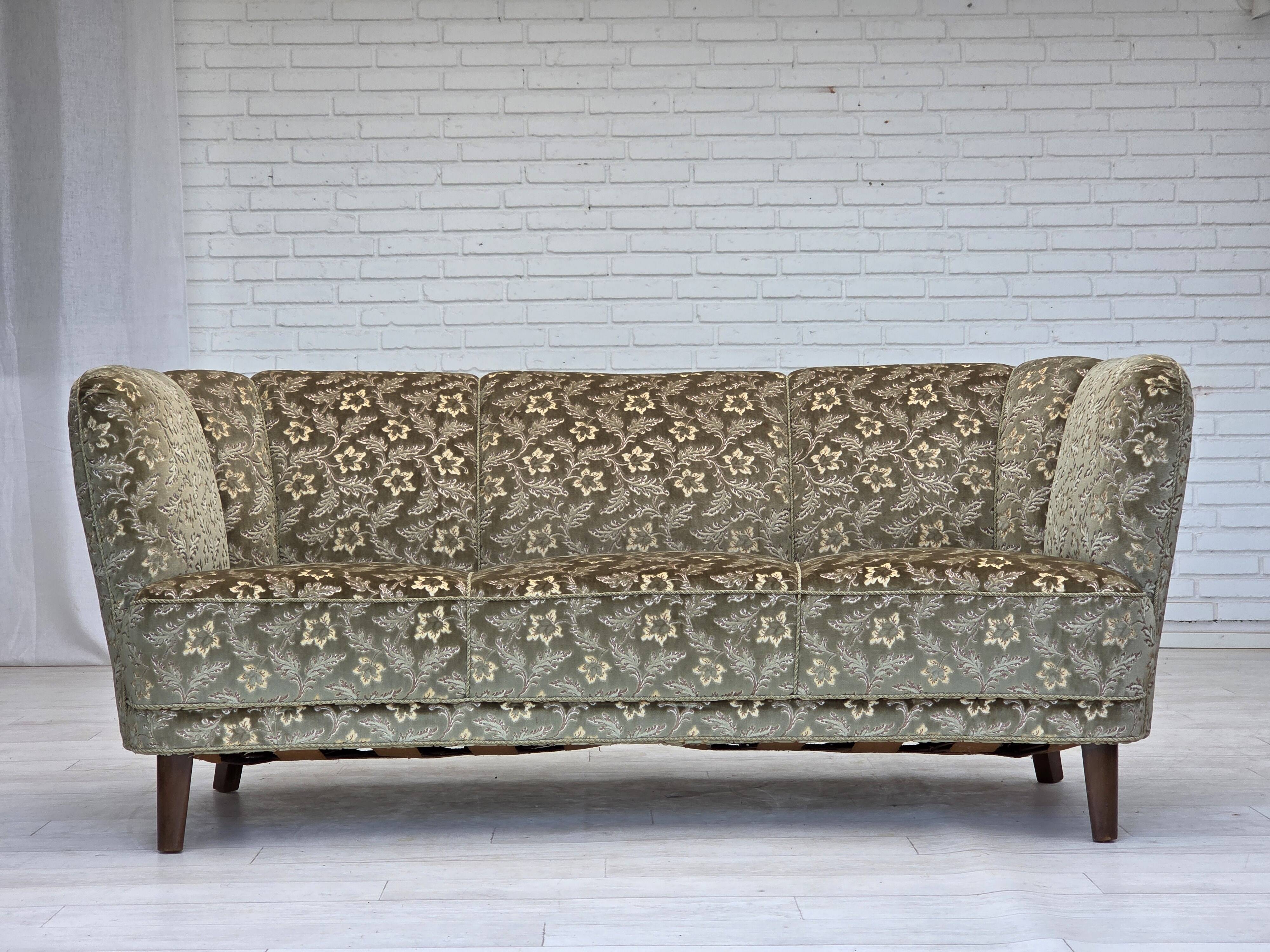 1960s, Danish 3-seater curved sofa, furniture velour, beech wood legs.