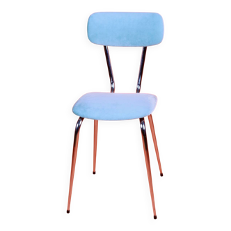Chrome metal and sky blue velvet chair, 1970s, restored