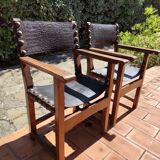Pair of French Brutalist oak and leather armchairs 1920