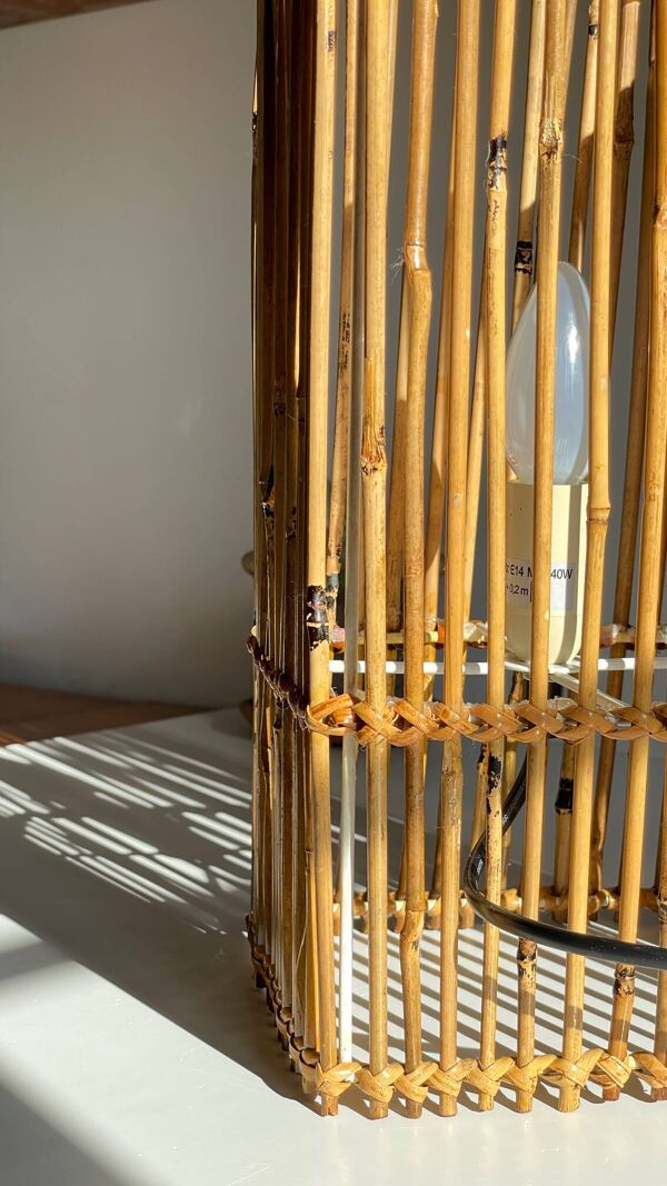Lampe cube bois et osier vintage
