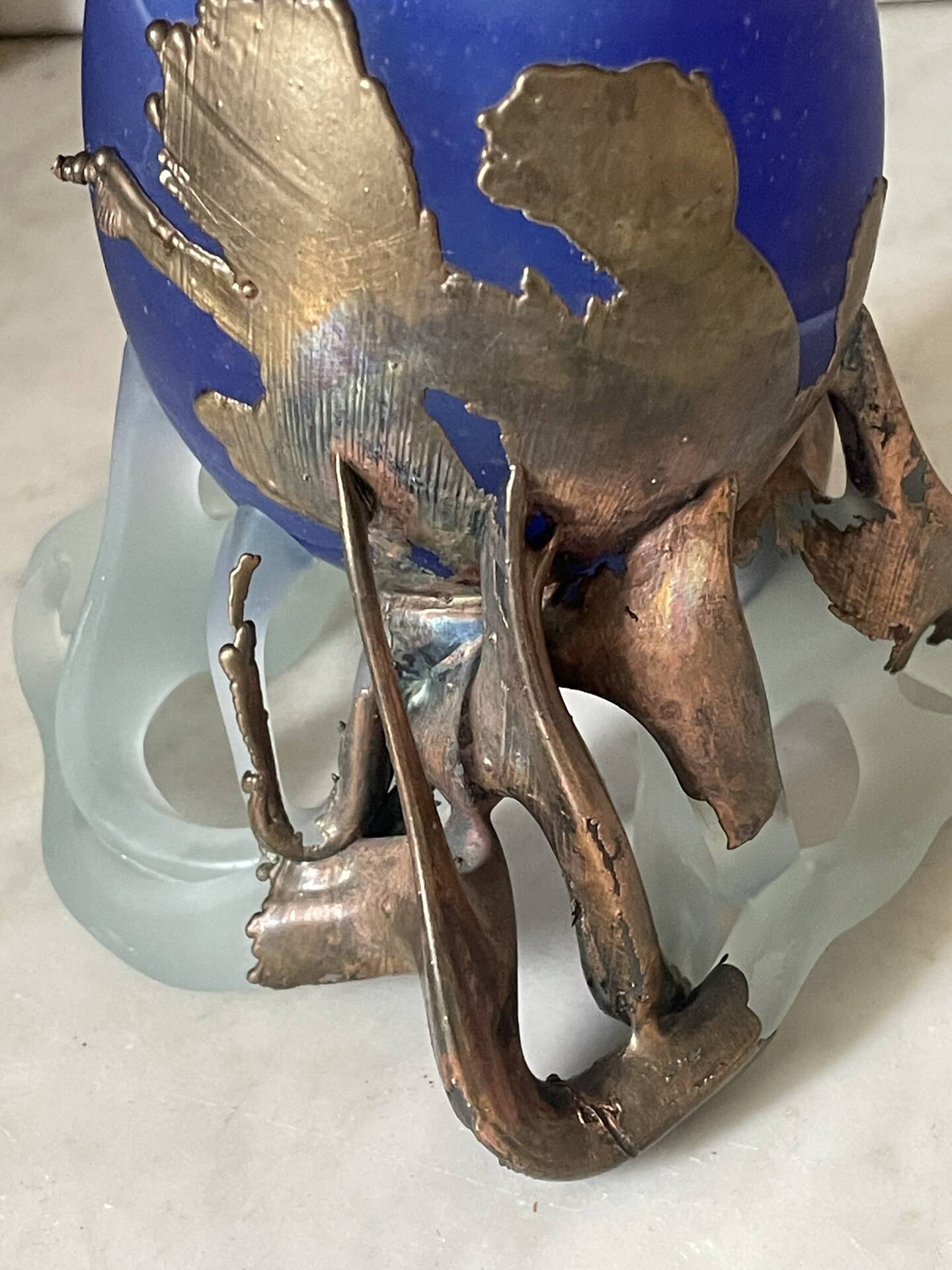 glass paste vase signed, bronze mount