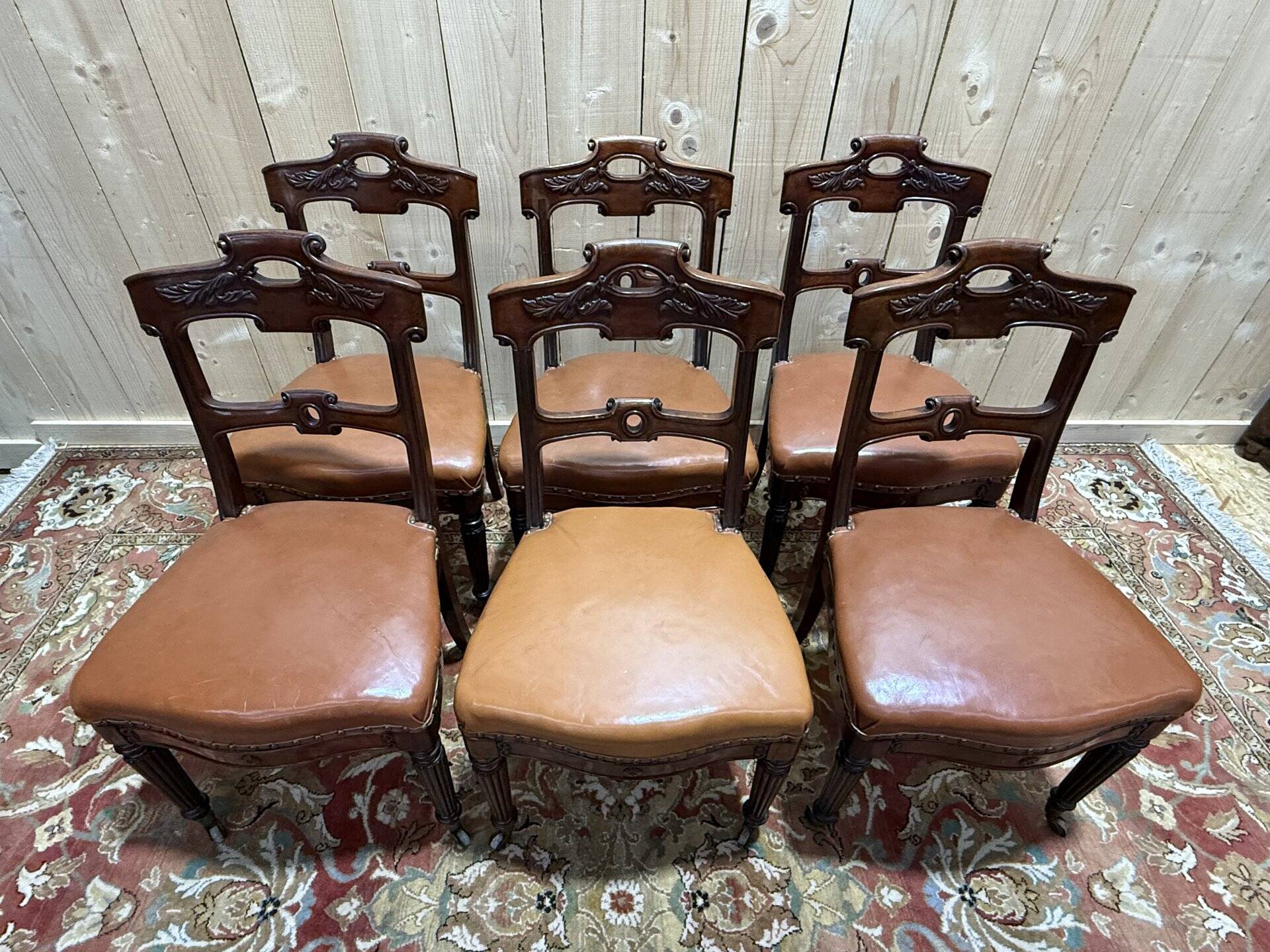 Set of 6 Napoleon III period chairs in mahogany and leather