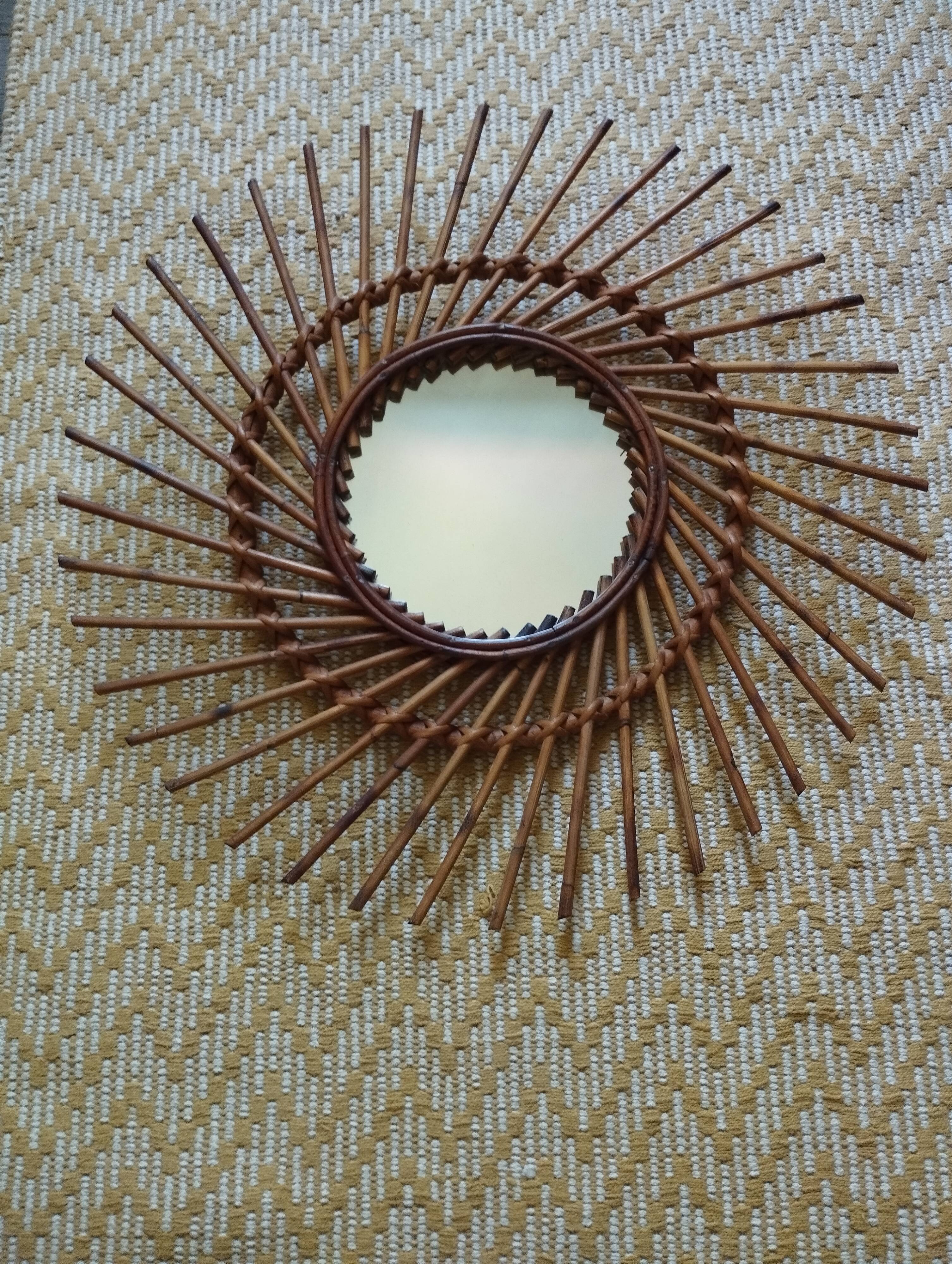 Large vintage bamboo and rattan sun mirror 53 cm in diameter