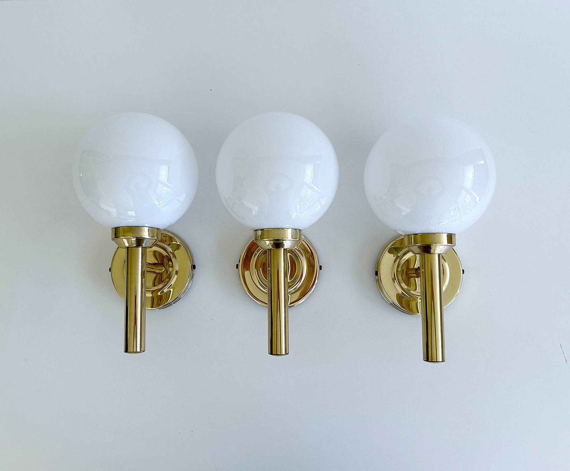 3 Vintage Scandinavian Glass and Brass Wall Lights
