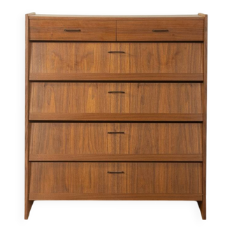 Classic shoe cabinet from the 1960s, walnut veneer, four drop-down doors, two drawers