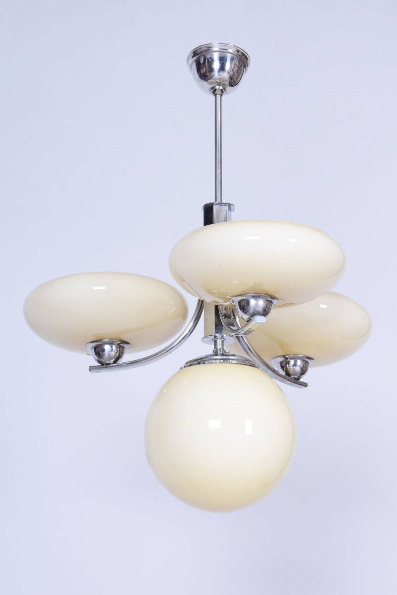 Art Deco Chandelier in Chrome-Plated Steel and Opal Glass, Czech, 1920s