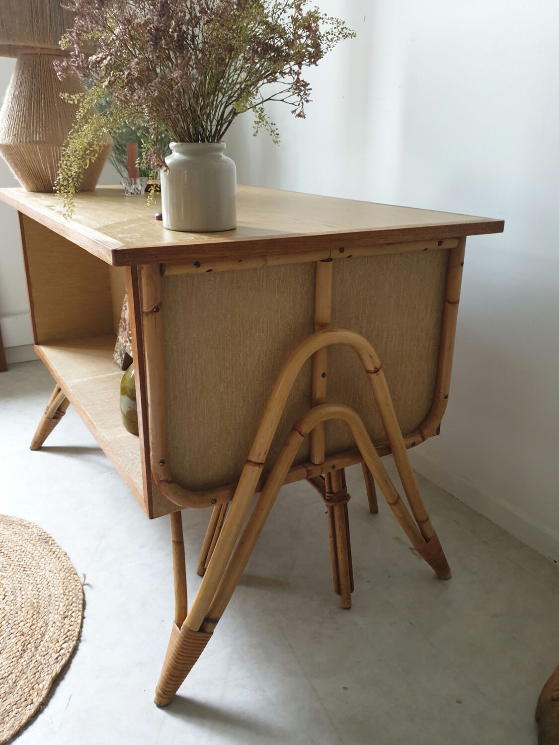 60's double-sided rattan desk
