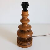 Turned wooden base lamp with printed lampshade
