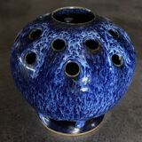 Pique-fleurs vase in enamelled stoneware with bluish running effect signed