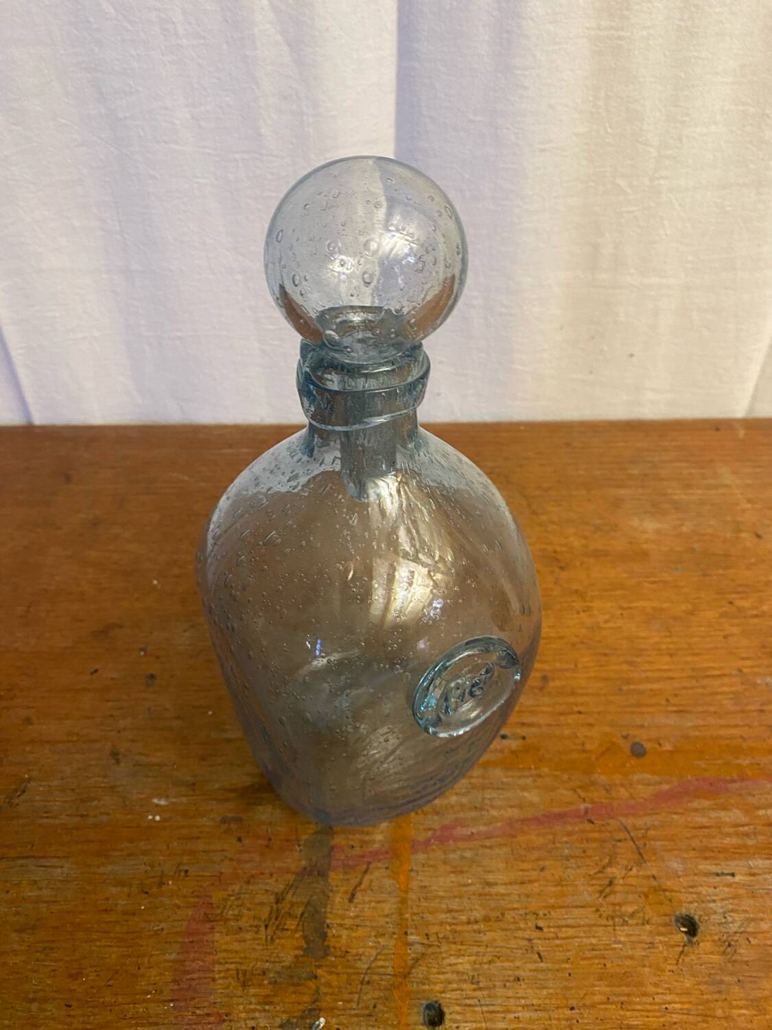 Antique Biot bottle blue bubble blown glass + vintage stopper