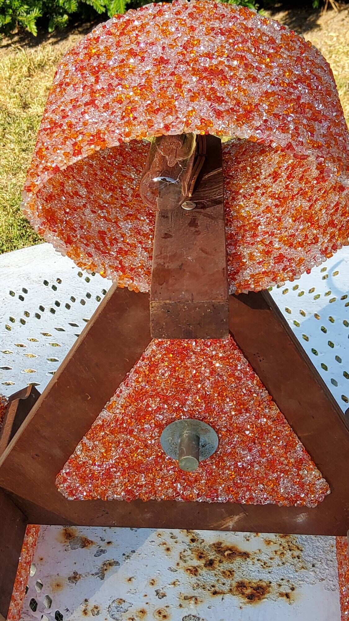 70s Scandinavian style chandelier in wood and orange granite resin 3 lights