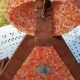 70s Scandinavian style chandelier in wood and orange granite resin 3 lights