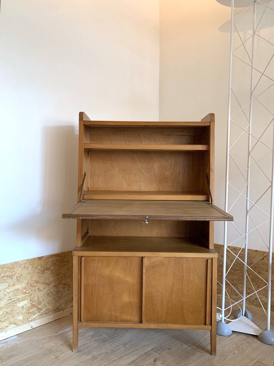 1950s oak secretary with sliding doors