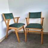 2 fauteuils bridge en bois et velours vert, 1960