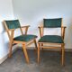 2 fauteuils bridge en bois et velours vert, 1960