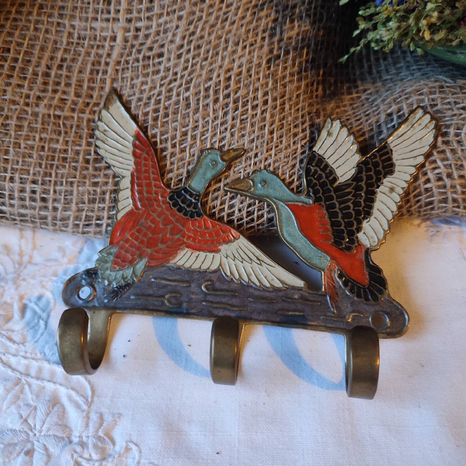 Vintage enamelled metal wall coat rack, duck motif, made in