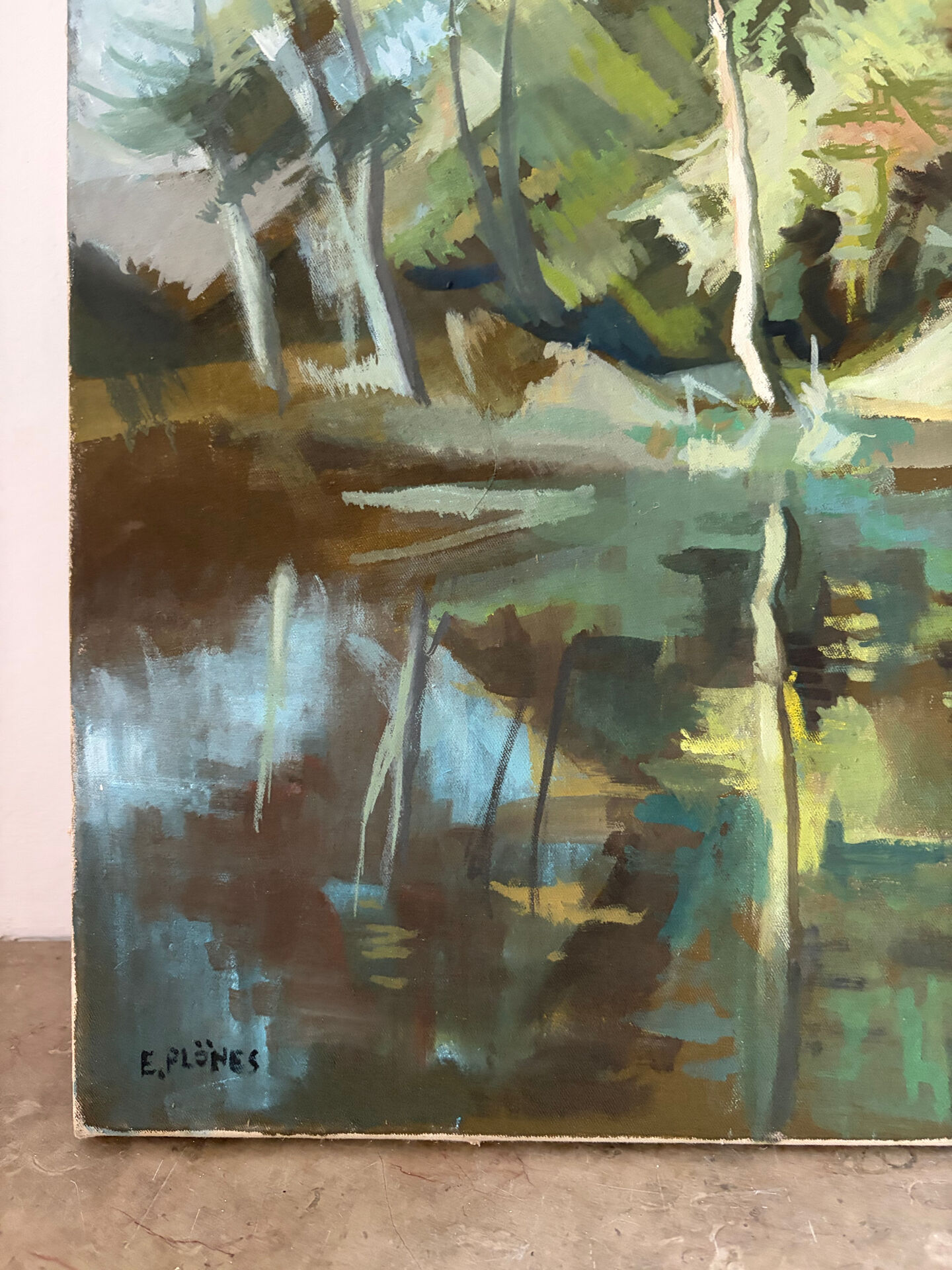 Reflections of trees on the water, oil on canvas signed