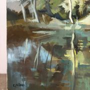 Reflections of trees on the water, oil on canvas signed
