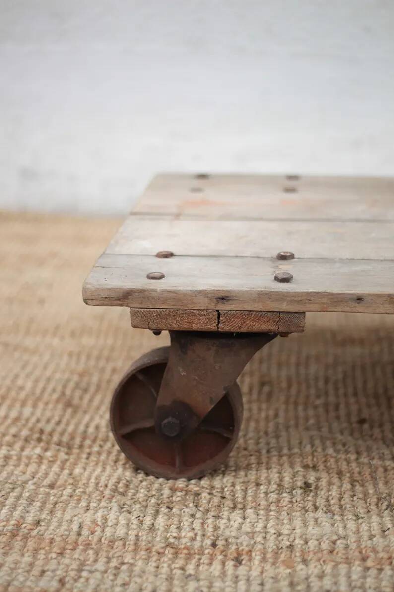 Vintage trolley coffee table, industrial wooden table on wheels, decor.