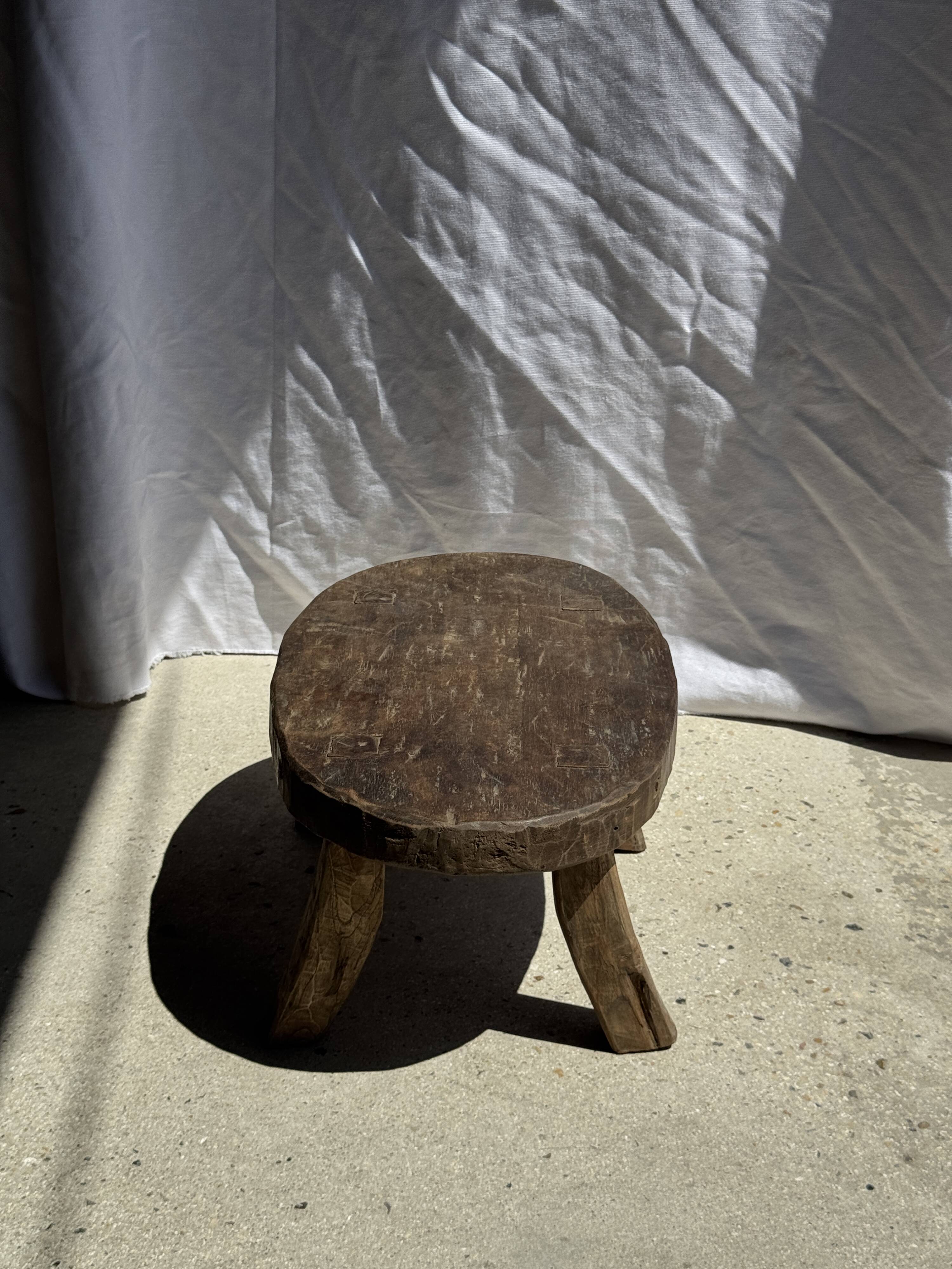 Small stool or small oval side table in solid teak wabi-sabi H24 53