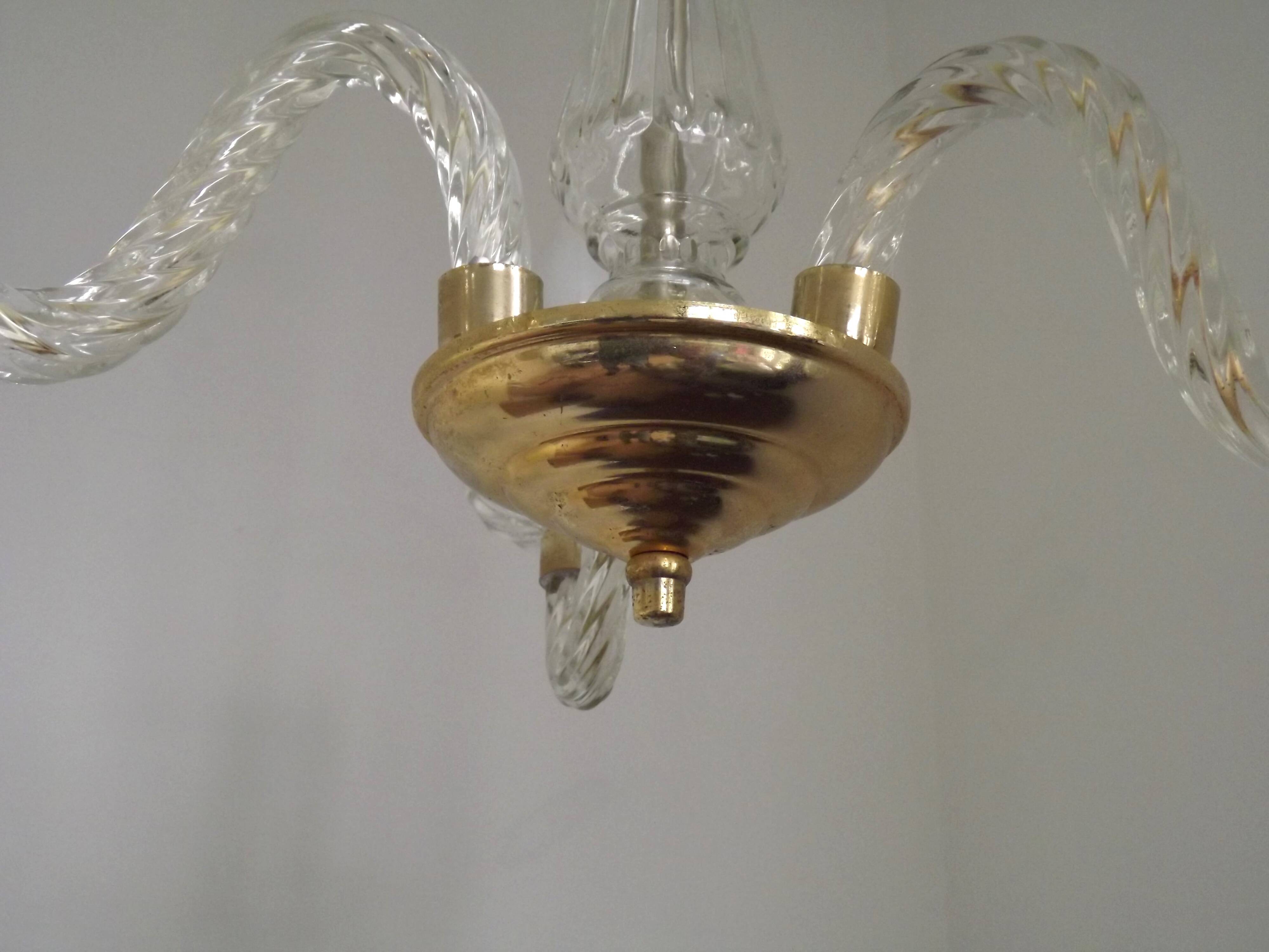 Three-light chandelier in gold metal with twisted glass arms French Barley 5230