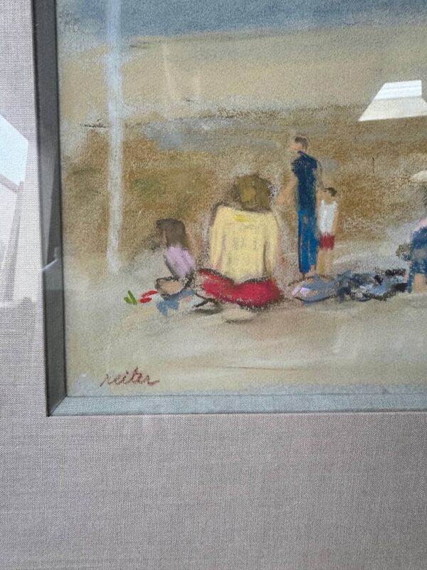 Tableau pastel, scène de plage en famille en Normandie signé Henri Reiter