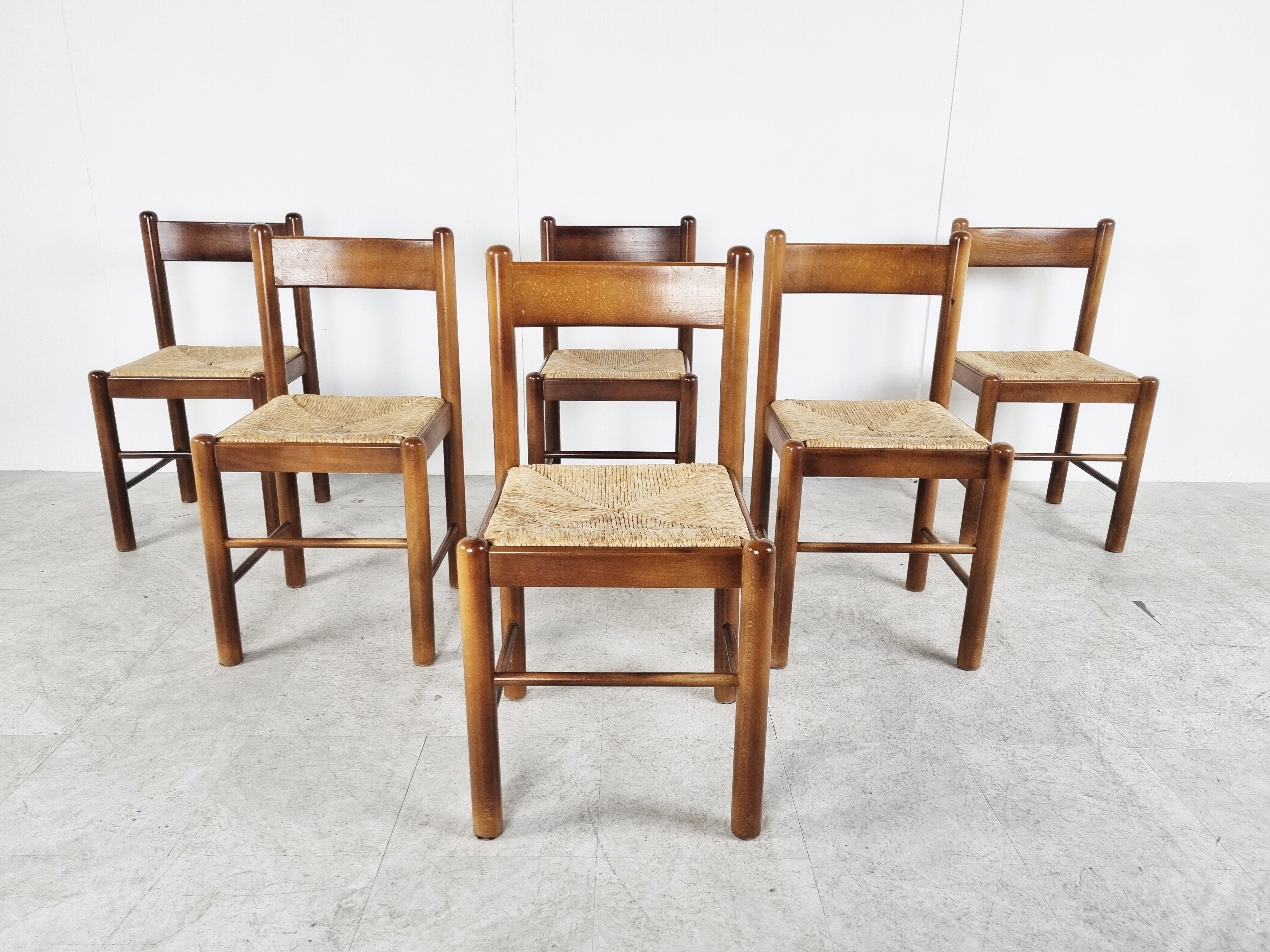 Vintage oak and wicker dining chairs, 1960s