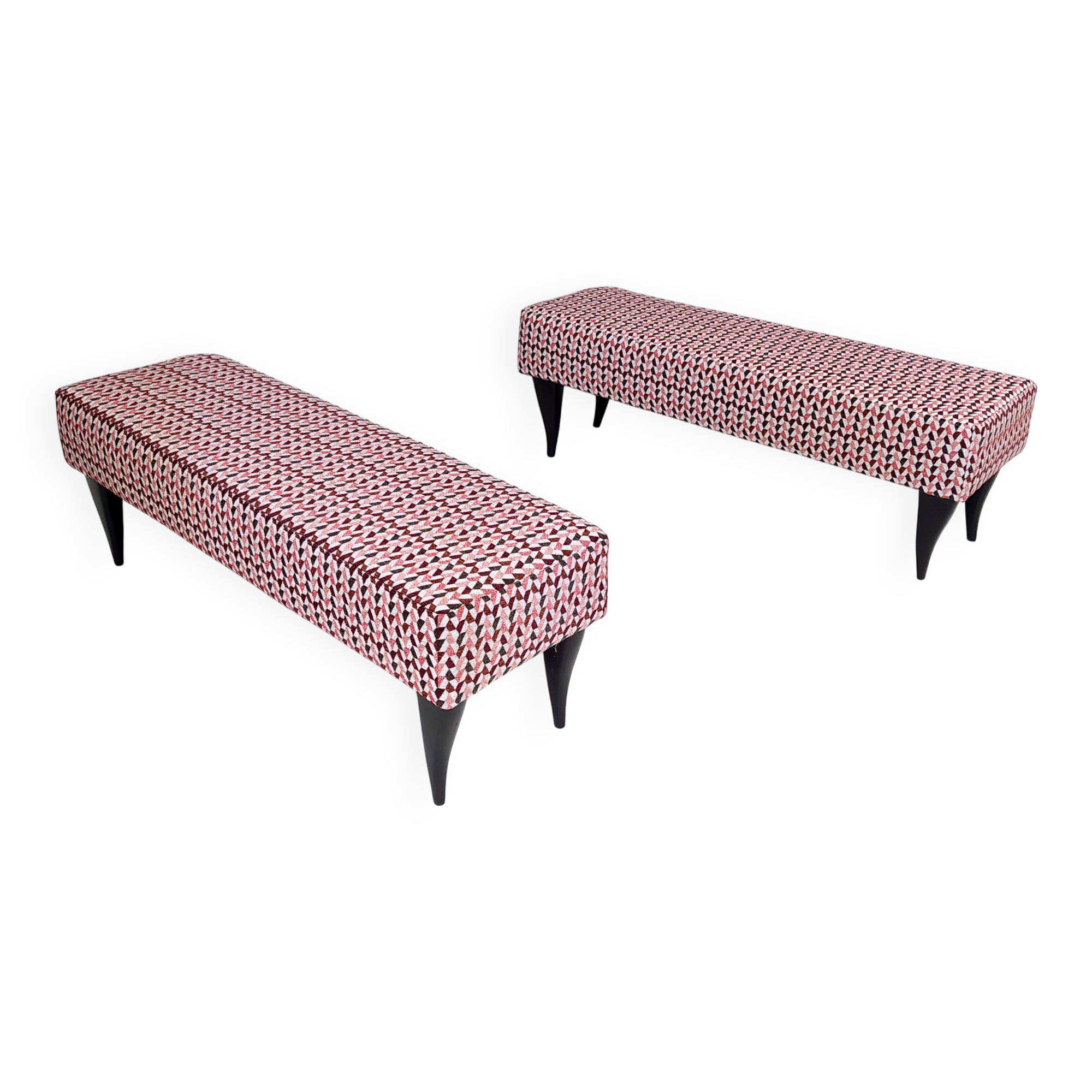 Pair of Benches with Red Patterned Fabric Upholstery, Italy