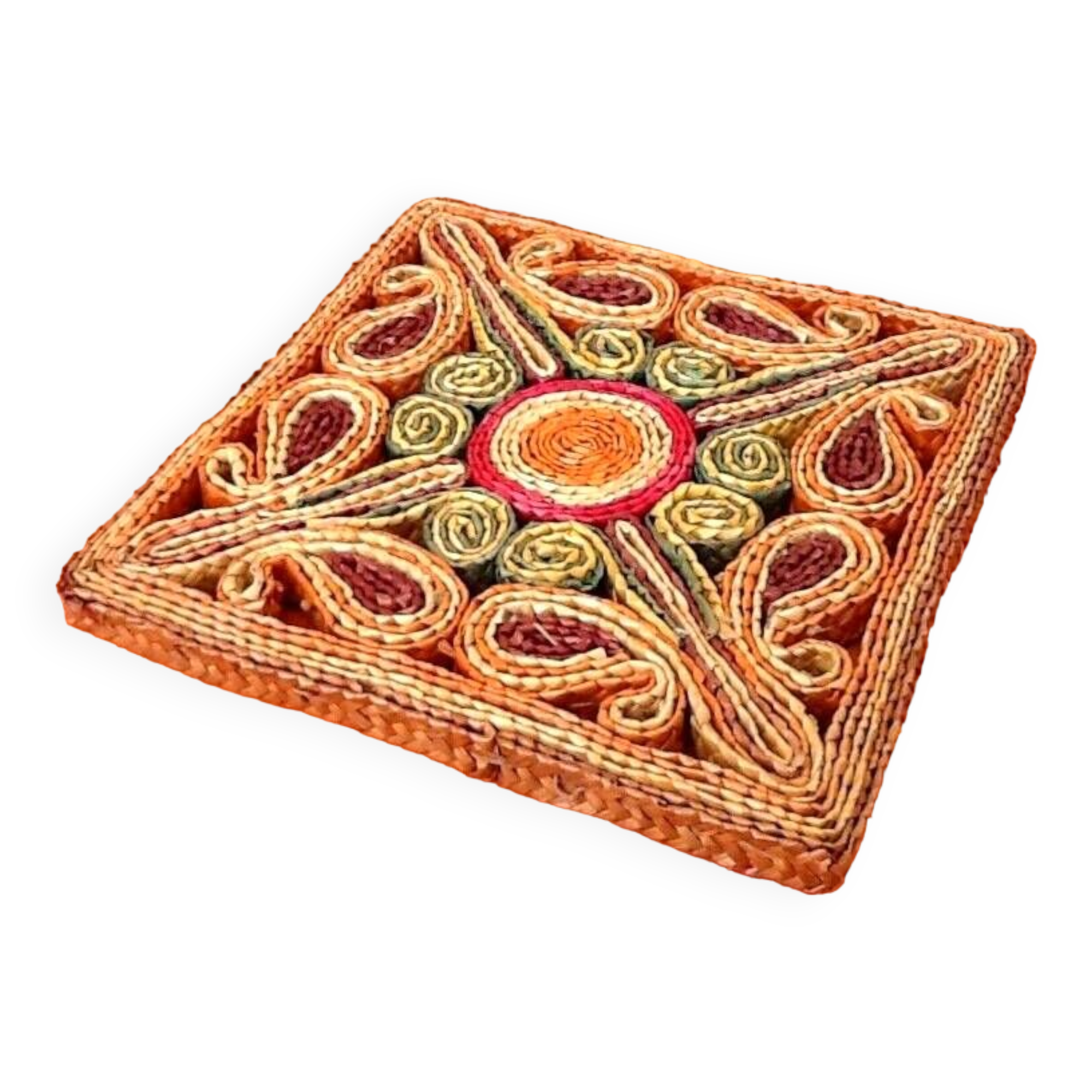 1970s multicolored raffia trivet square shape: