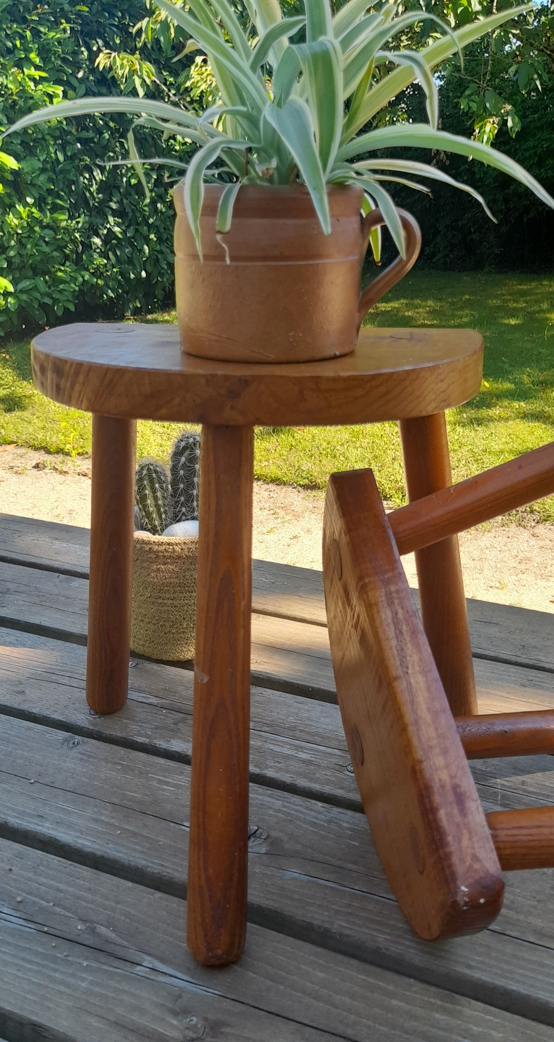 Duo of French half-moon farm stools tripod 60s