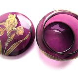 Bonbonnière art nouveau verre violet émaillé Legras iris à l'or fin