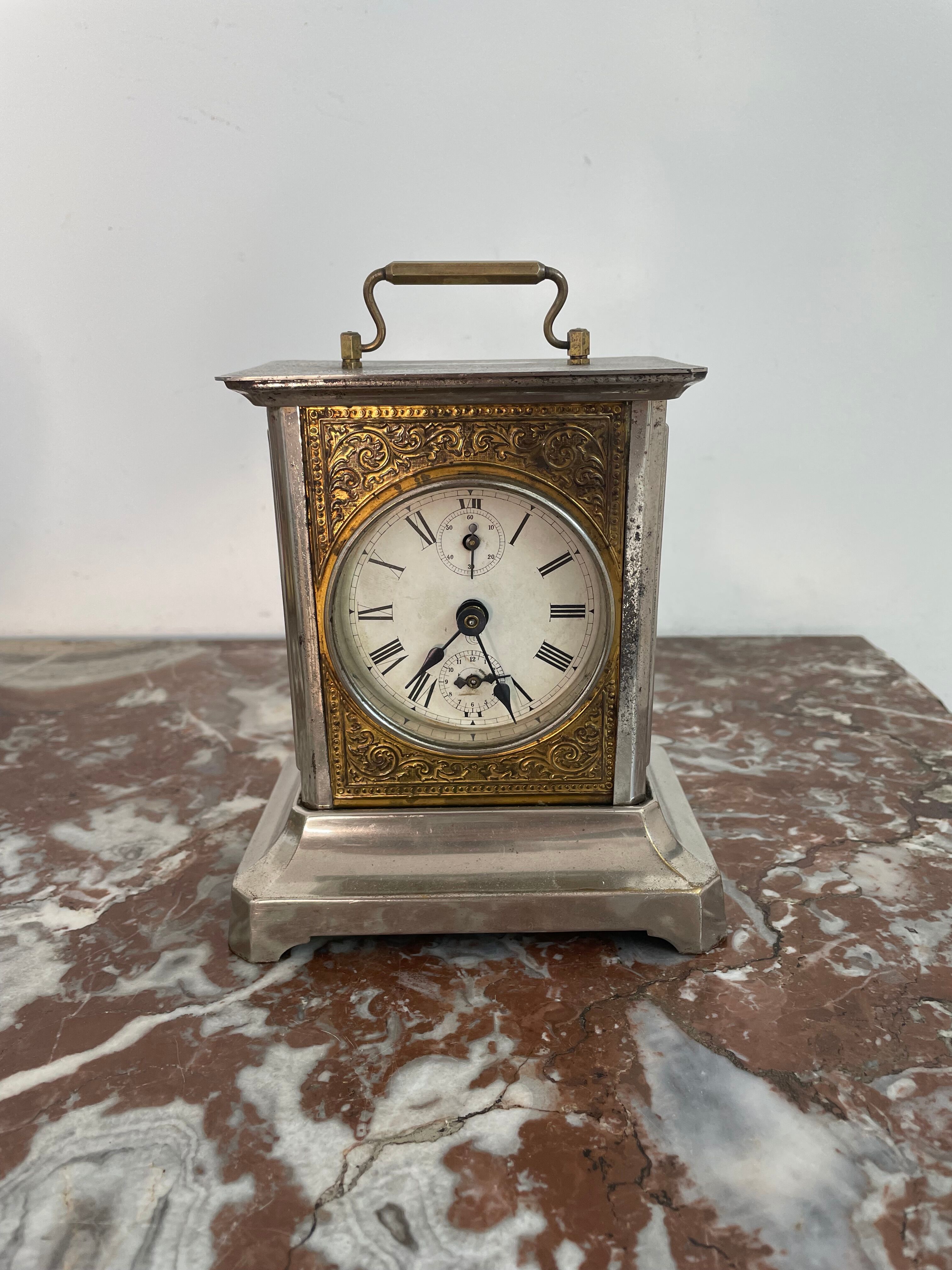 Horloge, pendule d'officier, laiton, pendule voyage, réveil, cadran, vitres latérales, restaurée