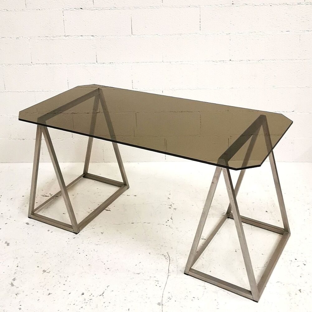 Bureau à tréteaux inox et verre, 1970
