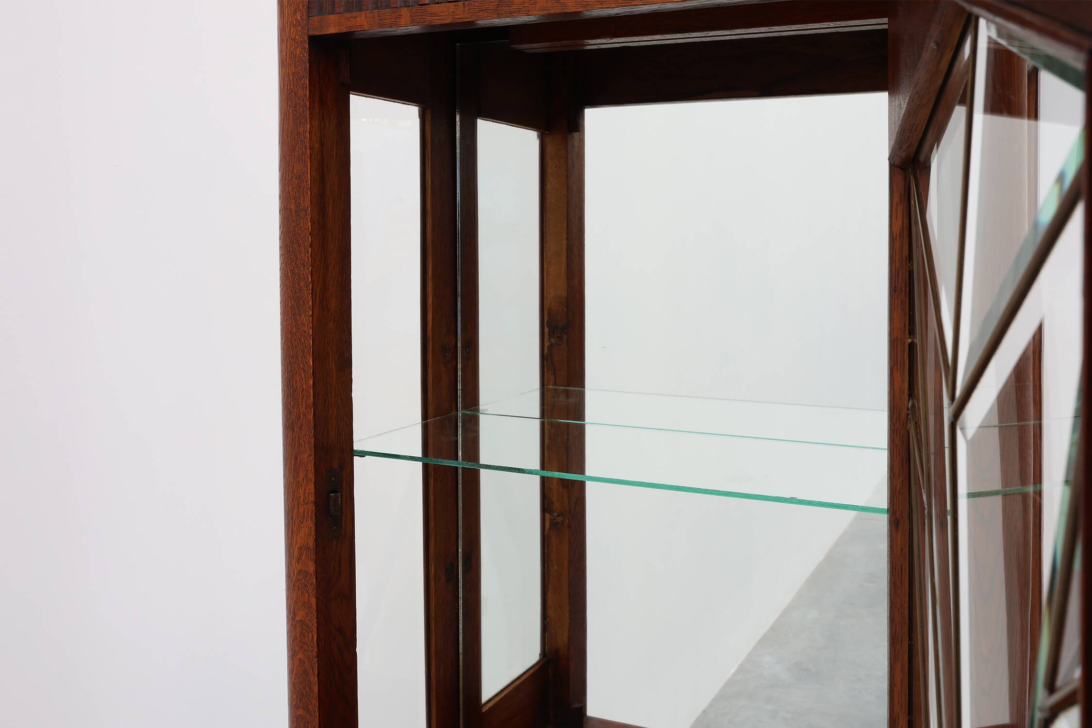 French Art Deco Oak Cabinet with Beveled Leaded Glass, ca. 1920