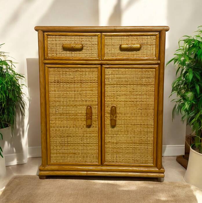 Vintage wooden and rattan chest of drawers