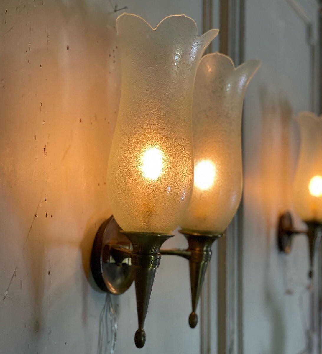 Suite of 4 wall lamps in bronze and murano glass, pier luigi colli and seguso, 1955