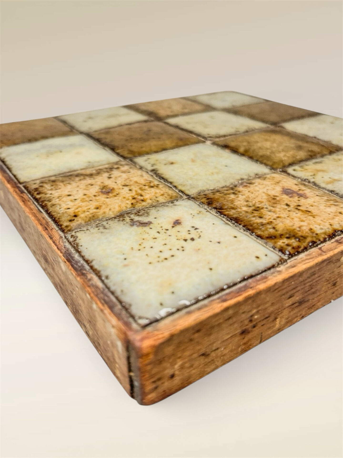 Enamelled Stoneware & Wood Trivet Brutalist Style 70s