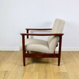 GFM-142 armchair, design by Edmund Homa from the 70s, beige boucle, dark wood - 2 pieces available