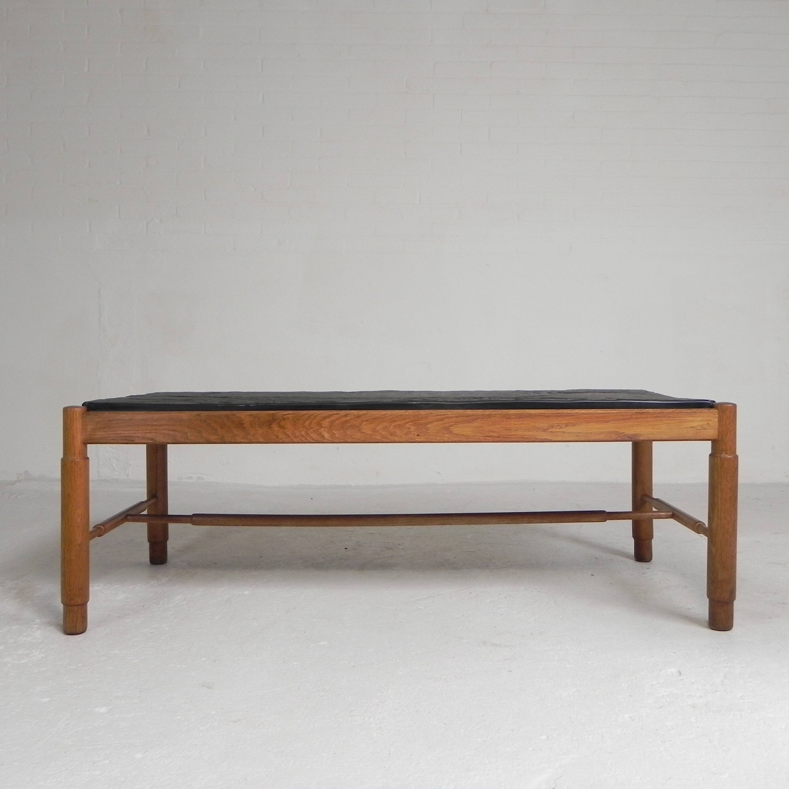Vintage oak coffee table with a slate top in an oak frame, 1960s.