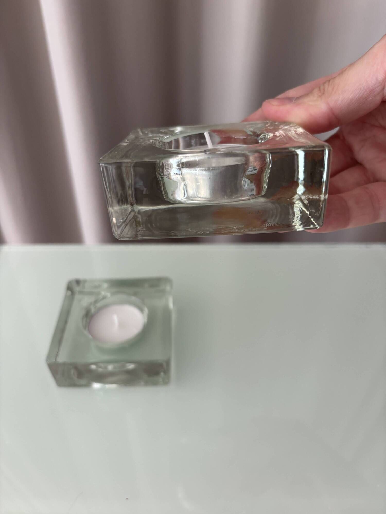 Set of 2 Heavy Glass Tea Light Holders – Minimalist Square Candle Holders