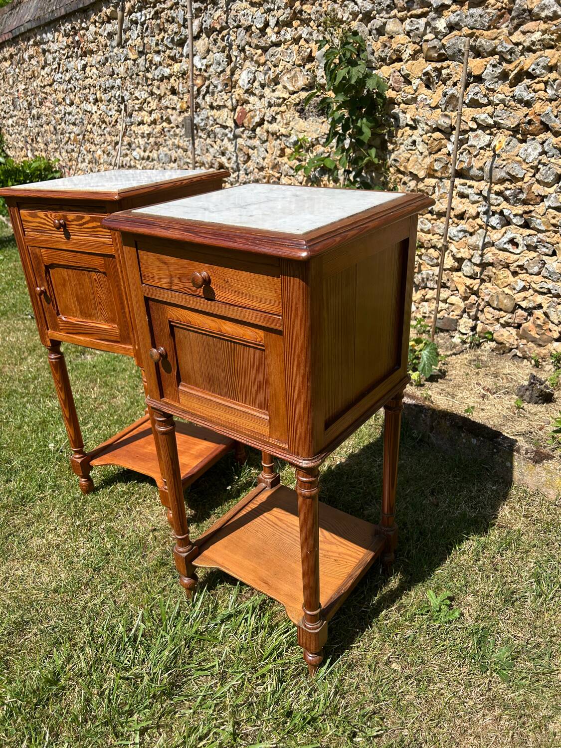 Pair of wooden and white marble bedside tables circa 1900
