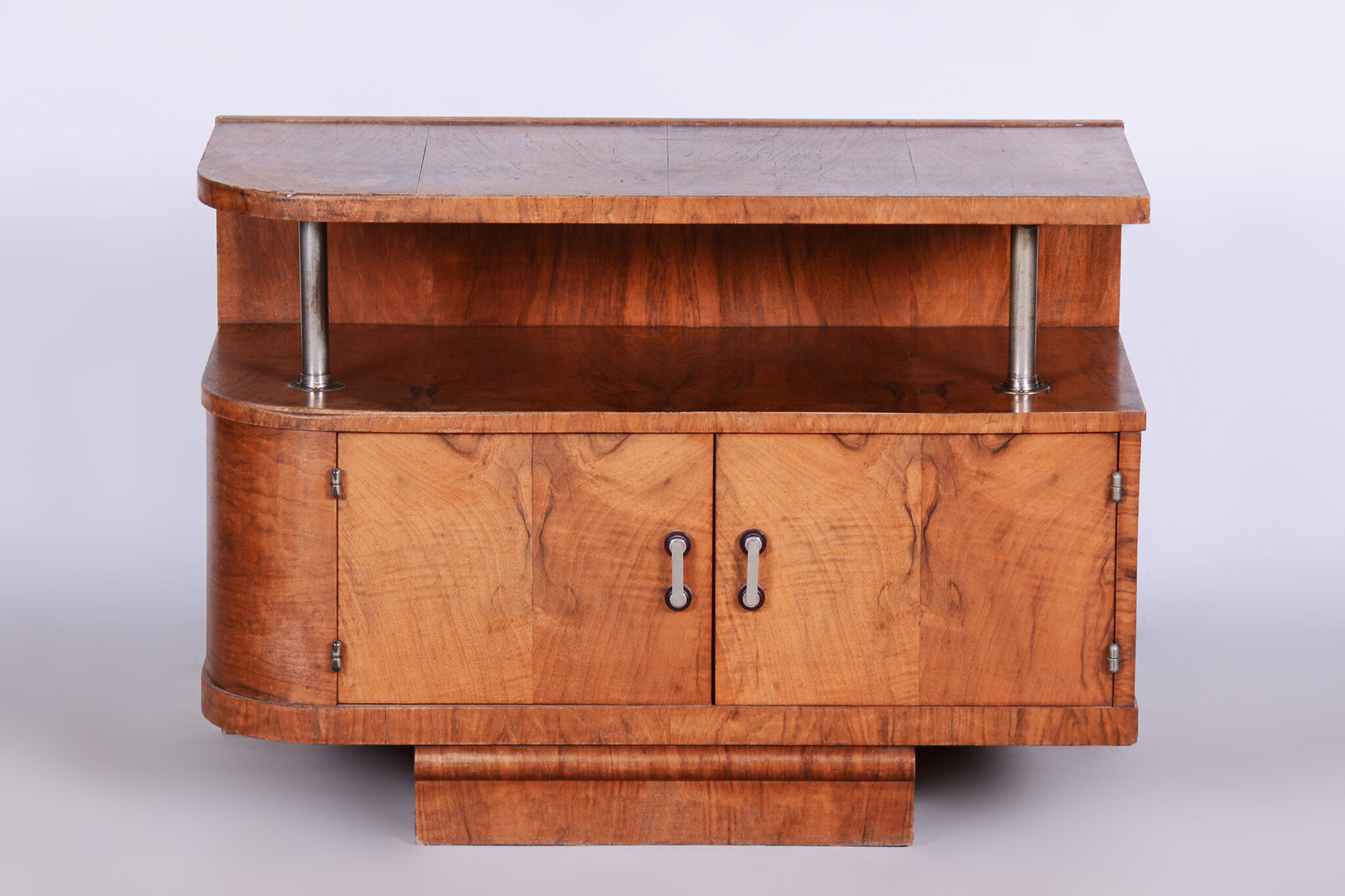Restored walnut artdeco small cabinet, chrome-plated steel, czechia, 1930s