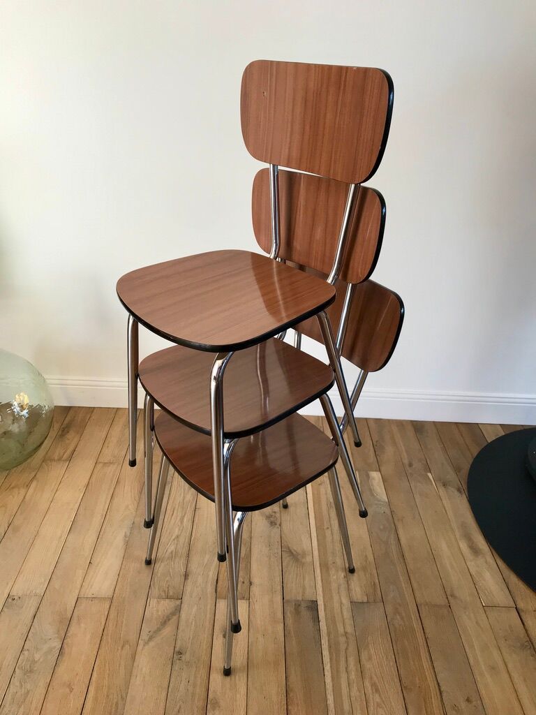 Trio of brown formica chairs 70s