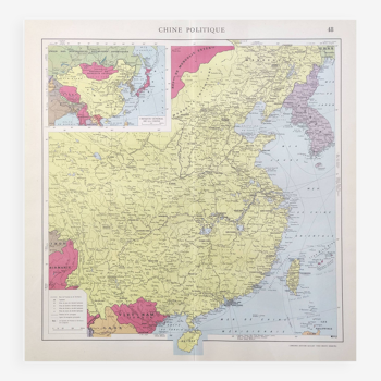 Carte vintage Asie Chine Corée 43x43cm de 1950