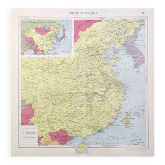 Carte vintage Asie Chine Corée 43x43cm de 1950