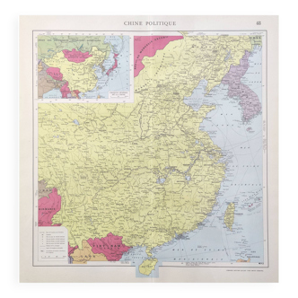 Vintage map Asia China Korea 43x43cm from 1950