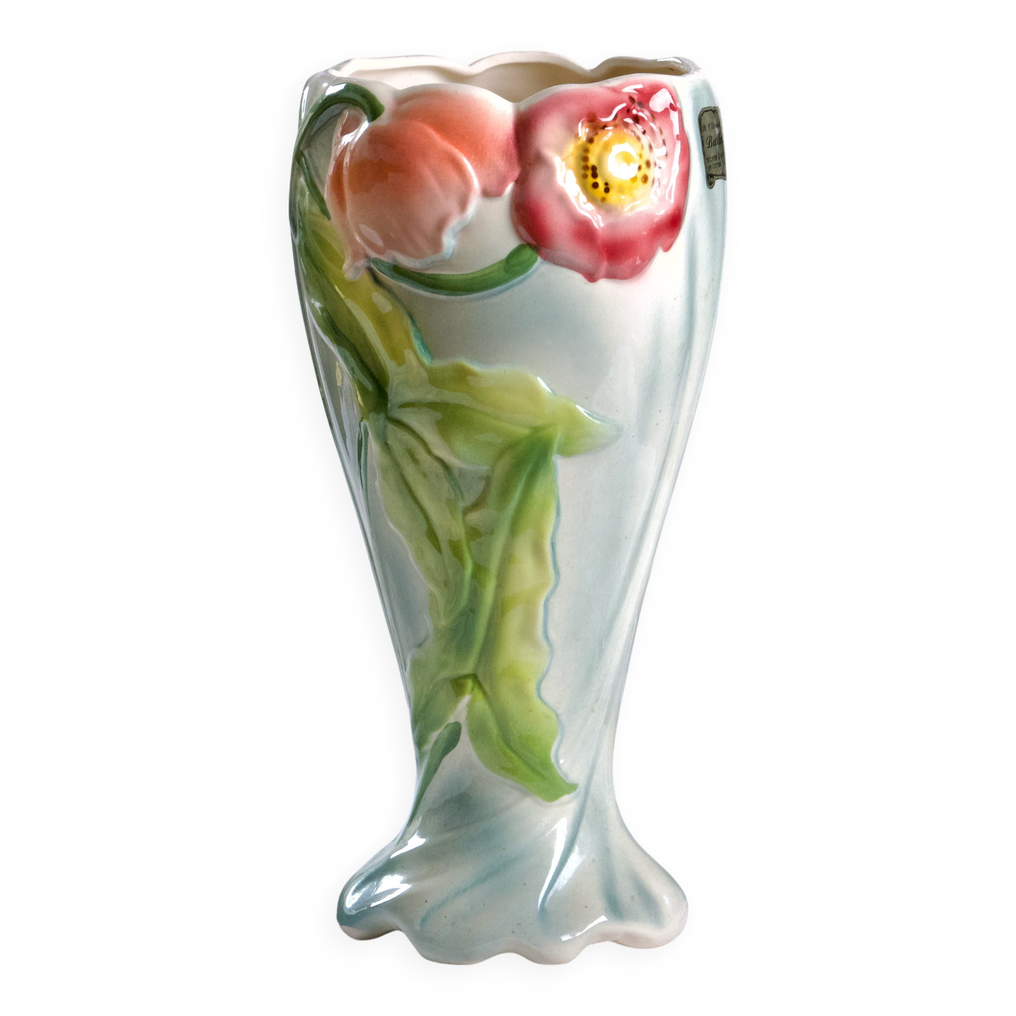 Large antique St Clément vase in barbotine Anemones hand painted