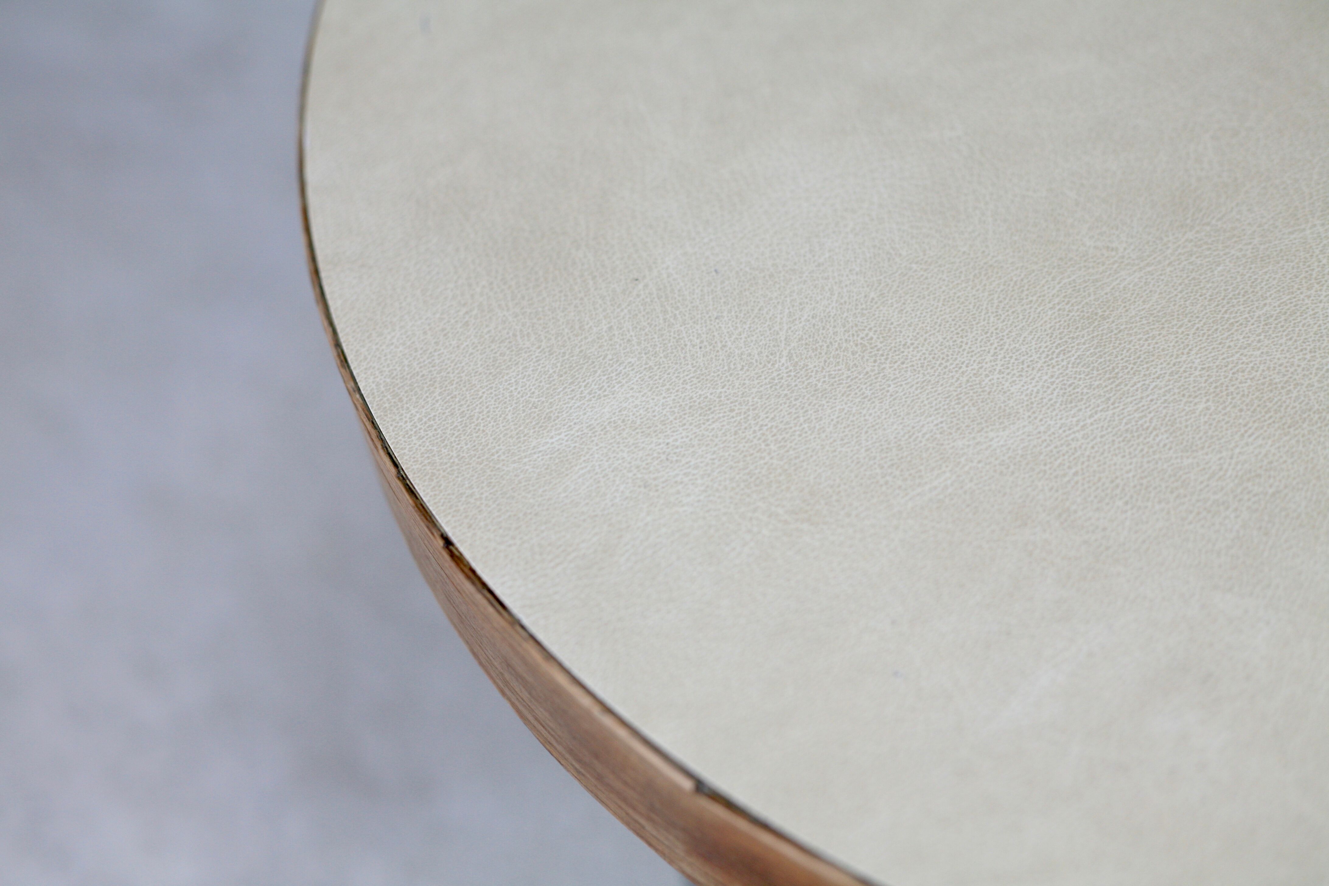 Side table tubular steel base, round top strapping wood, France, circa 1950