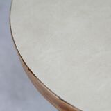 Side table tubular steel base, round top strapping wood, France, circa 1950