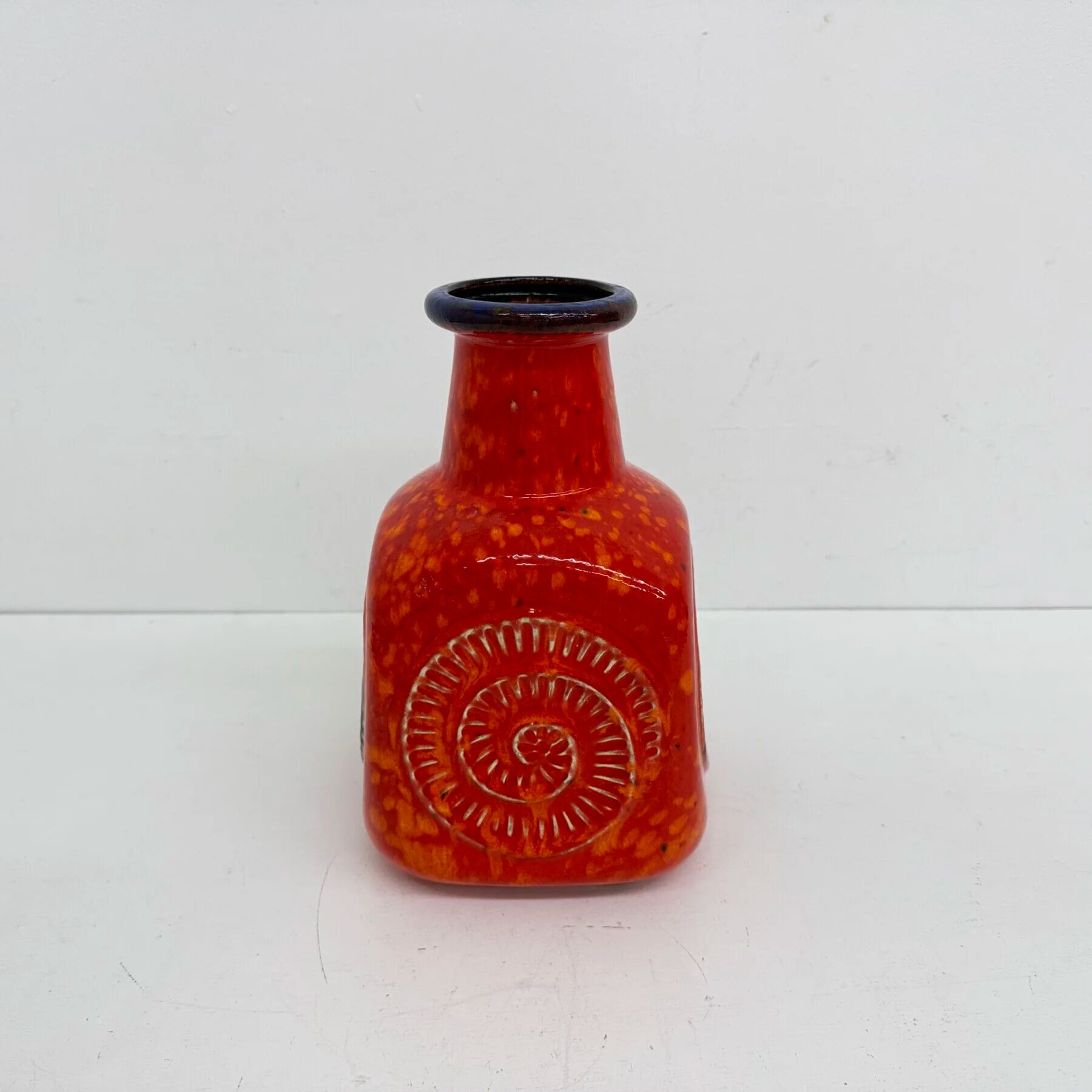 Scheurich West Germany Bay ceramic vase orange with blue fossils, 1970s